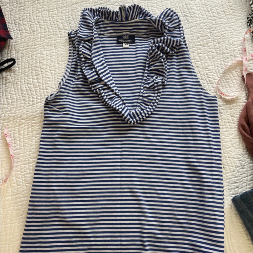 Nautical Striped Ruffle V-Neck Tank Top - Blue & White